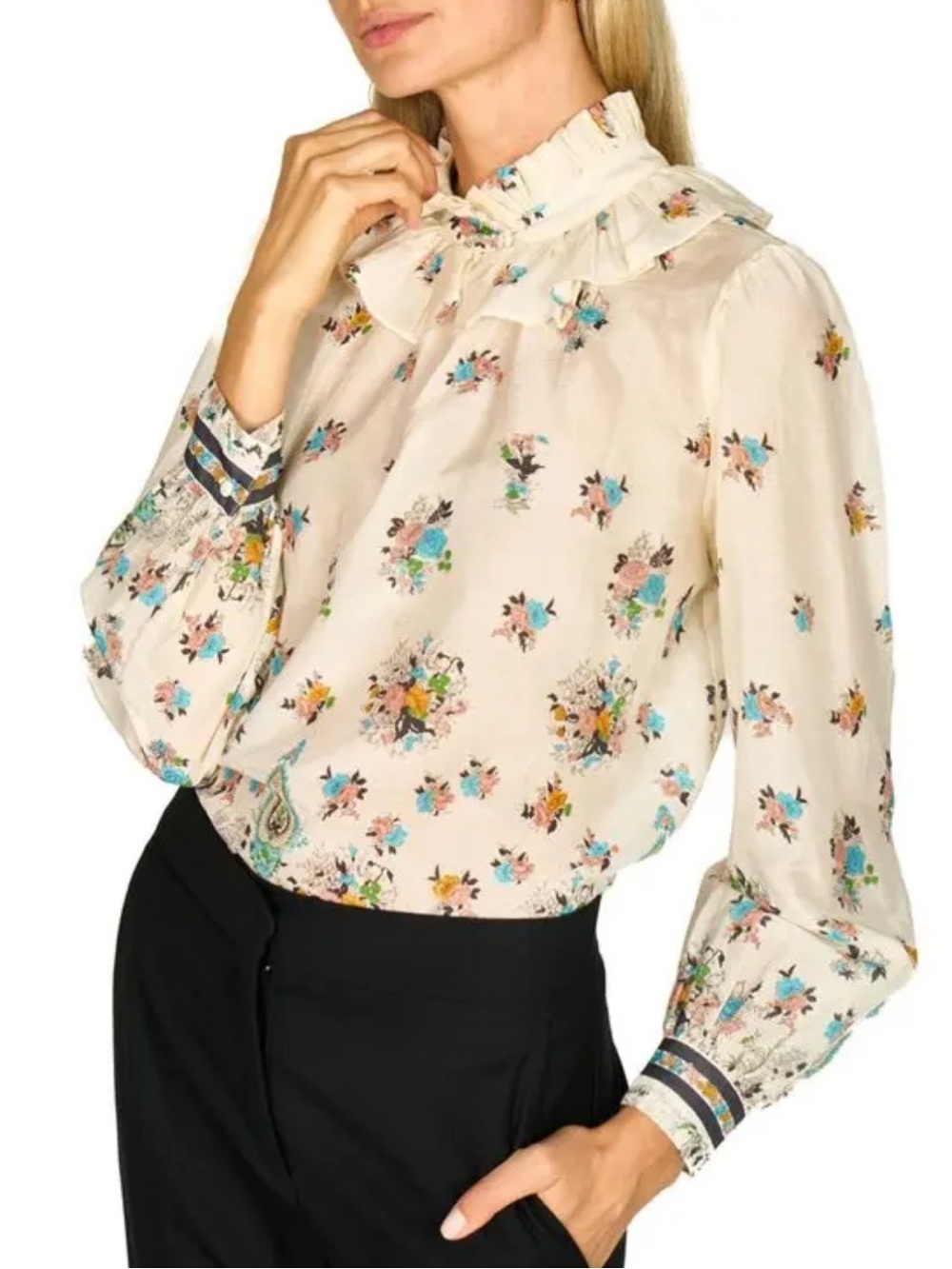 Secret Mission Giselle Top Silk Blend Floral Print Ruffle Collar Size Small NWT